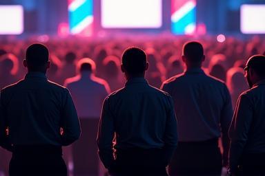 Professional security personnel managing a large public event crowd